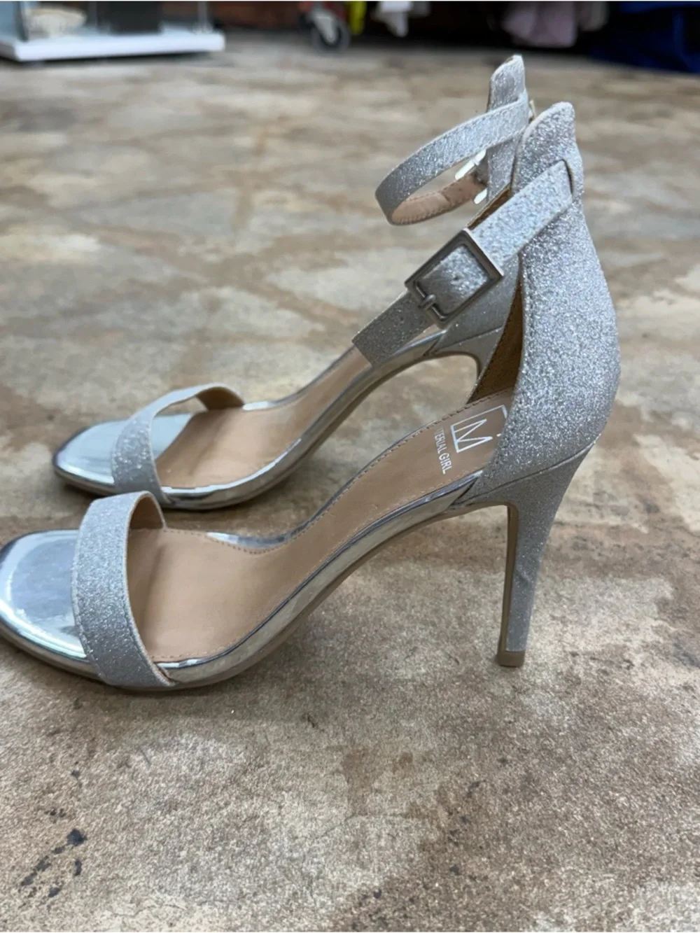 Material Girl Glitter Silver Open-Toe Ankle-Strap Heels - Picture 6 of 8